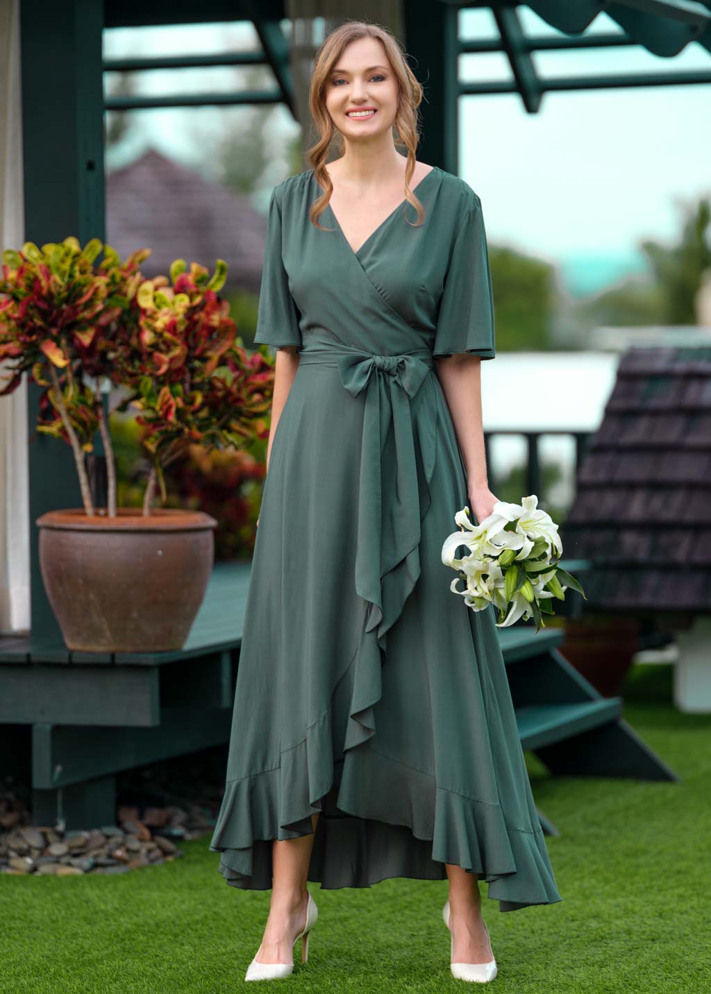 wrap dress dark green Dark Green Dress - Satin Dress - Satin Wrap Dress - Midi Dress
