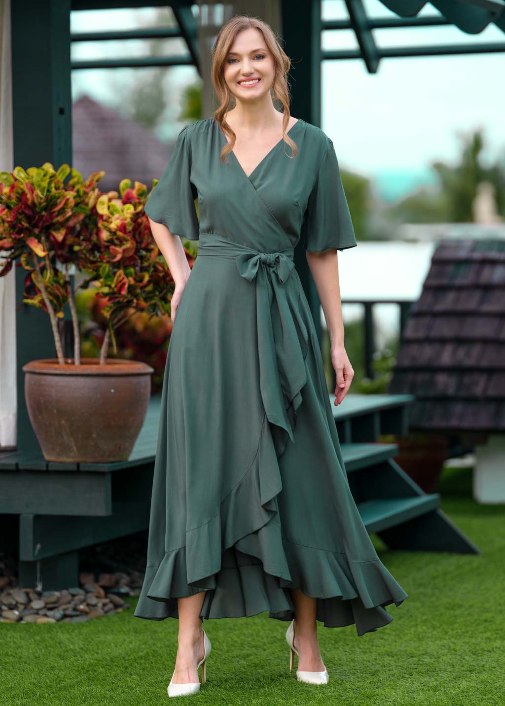 summer wrap dresses Dark Green romantic wrap dress