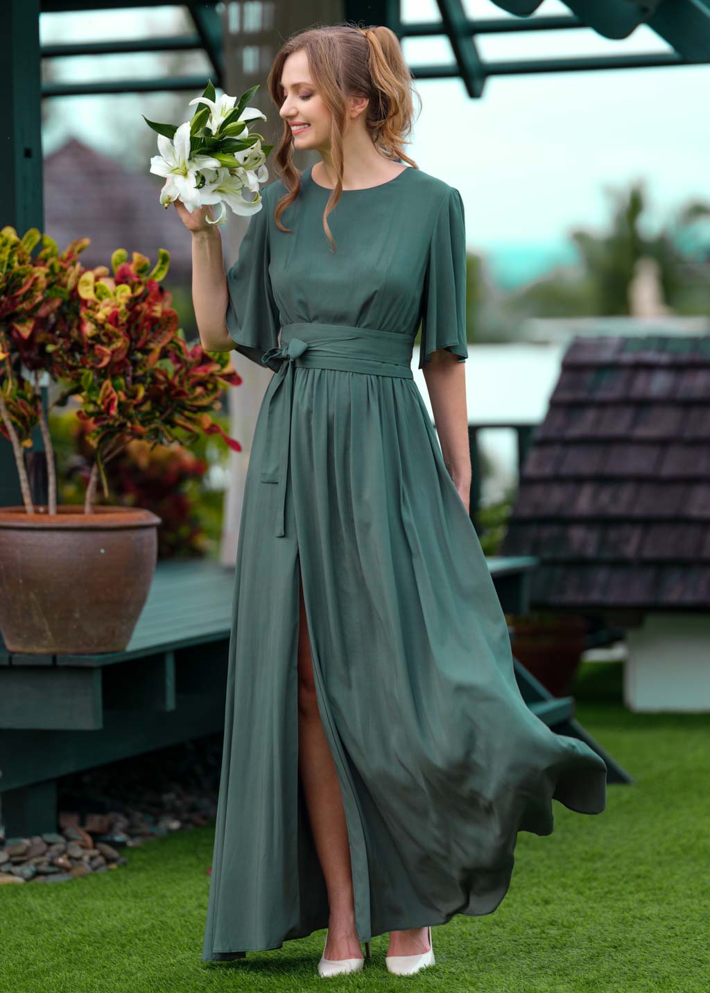Dark green slit dress with belt Dark green slit dress with belt