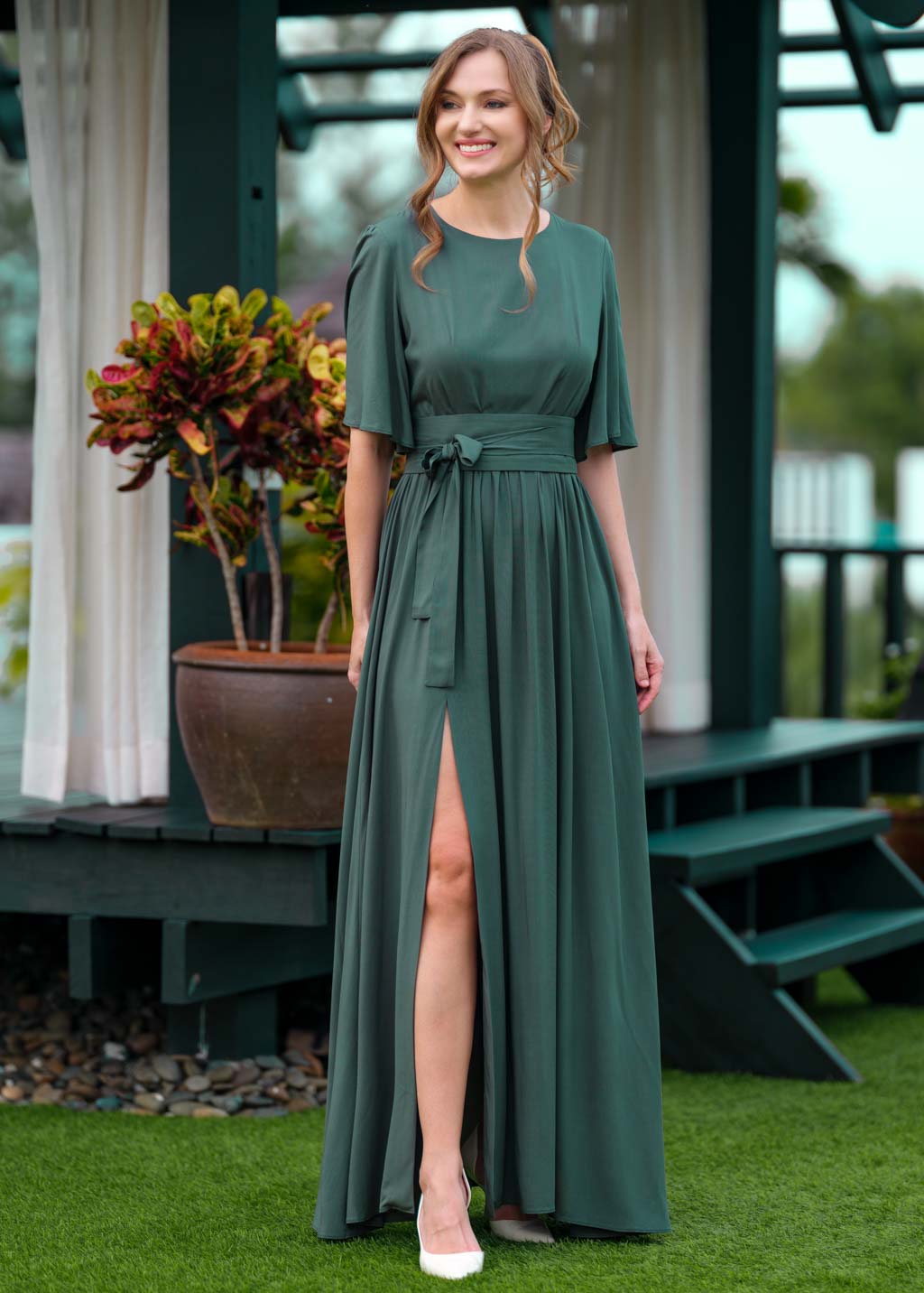 Dark green slit dress with belt Dark green slit dress with belt