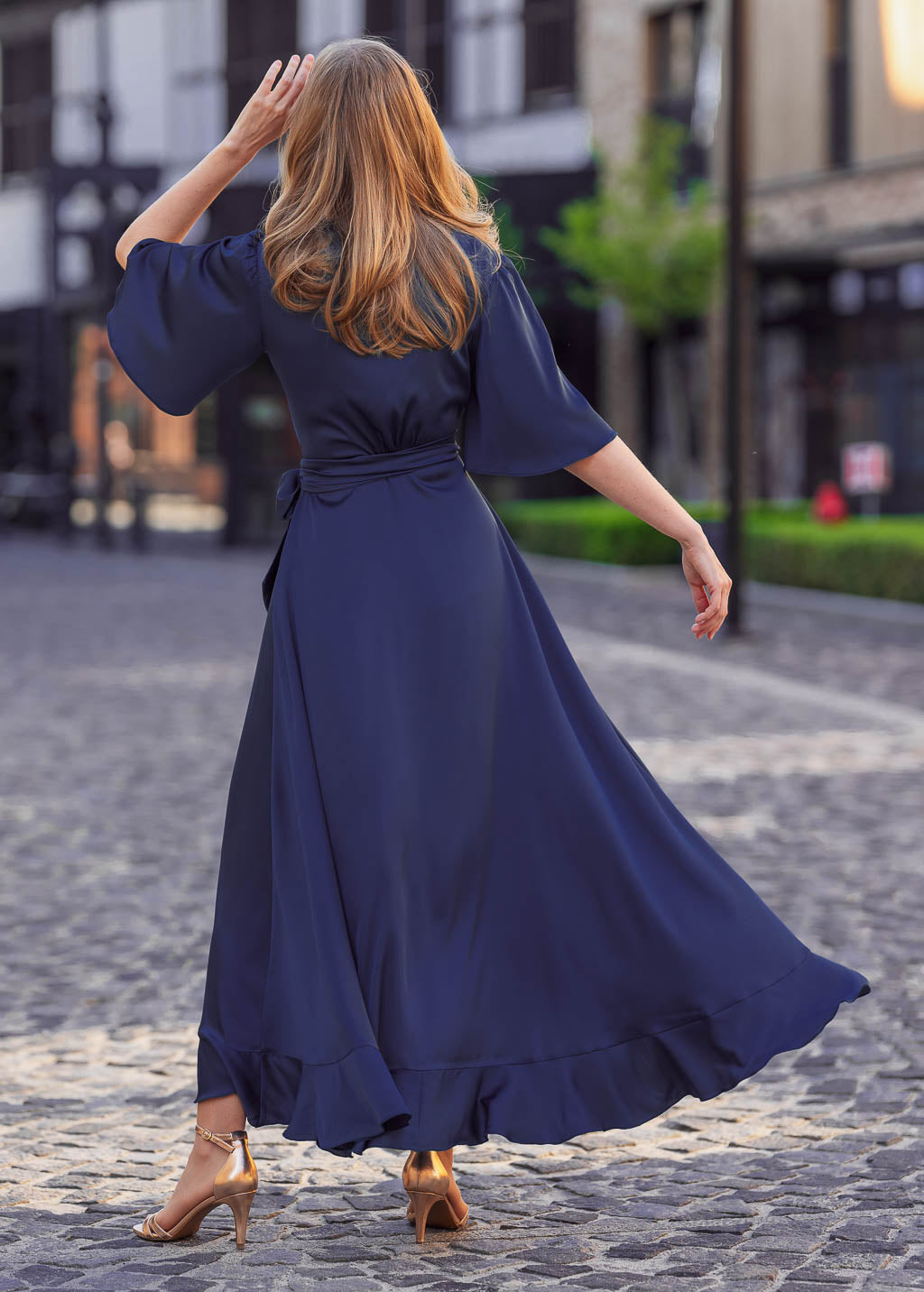 Navy blue wrap silk dress