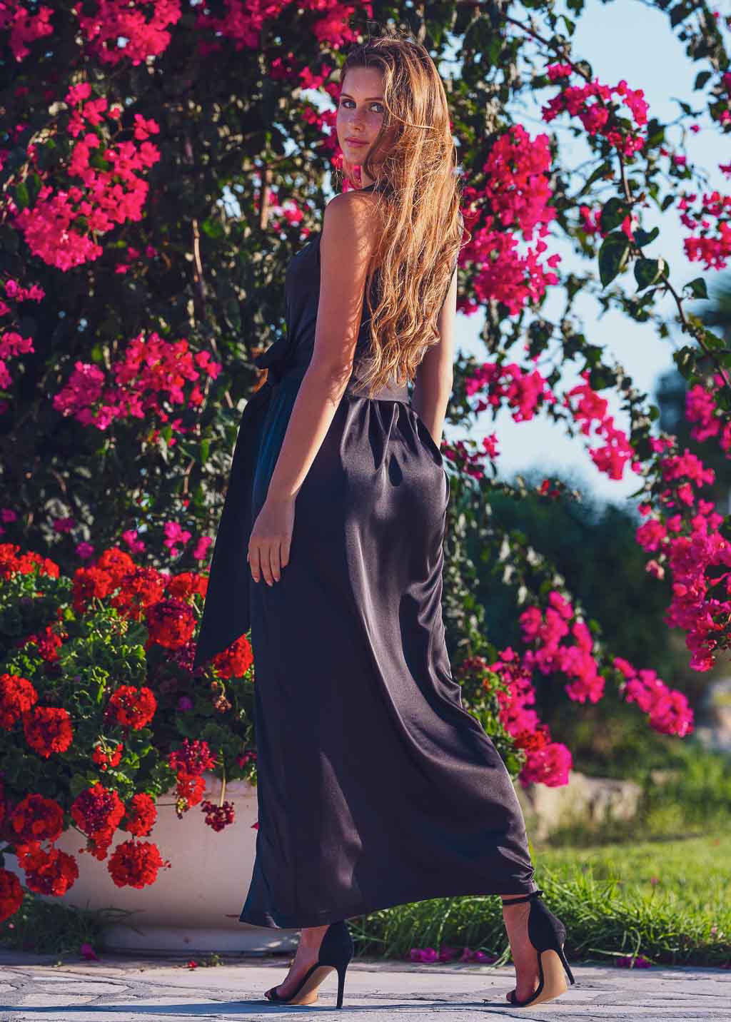 Black slit silk dress with belt