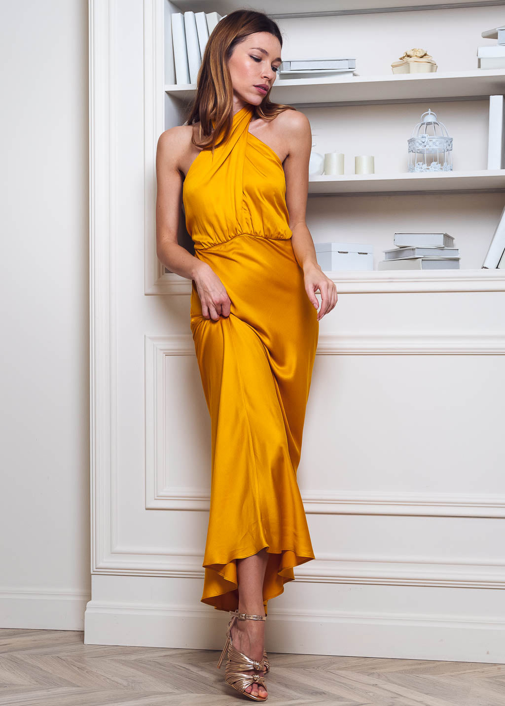 Yellow gold open back long dress