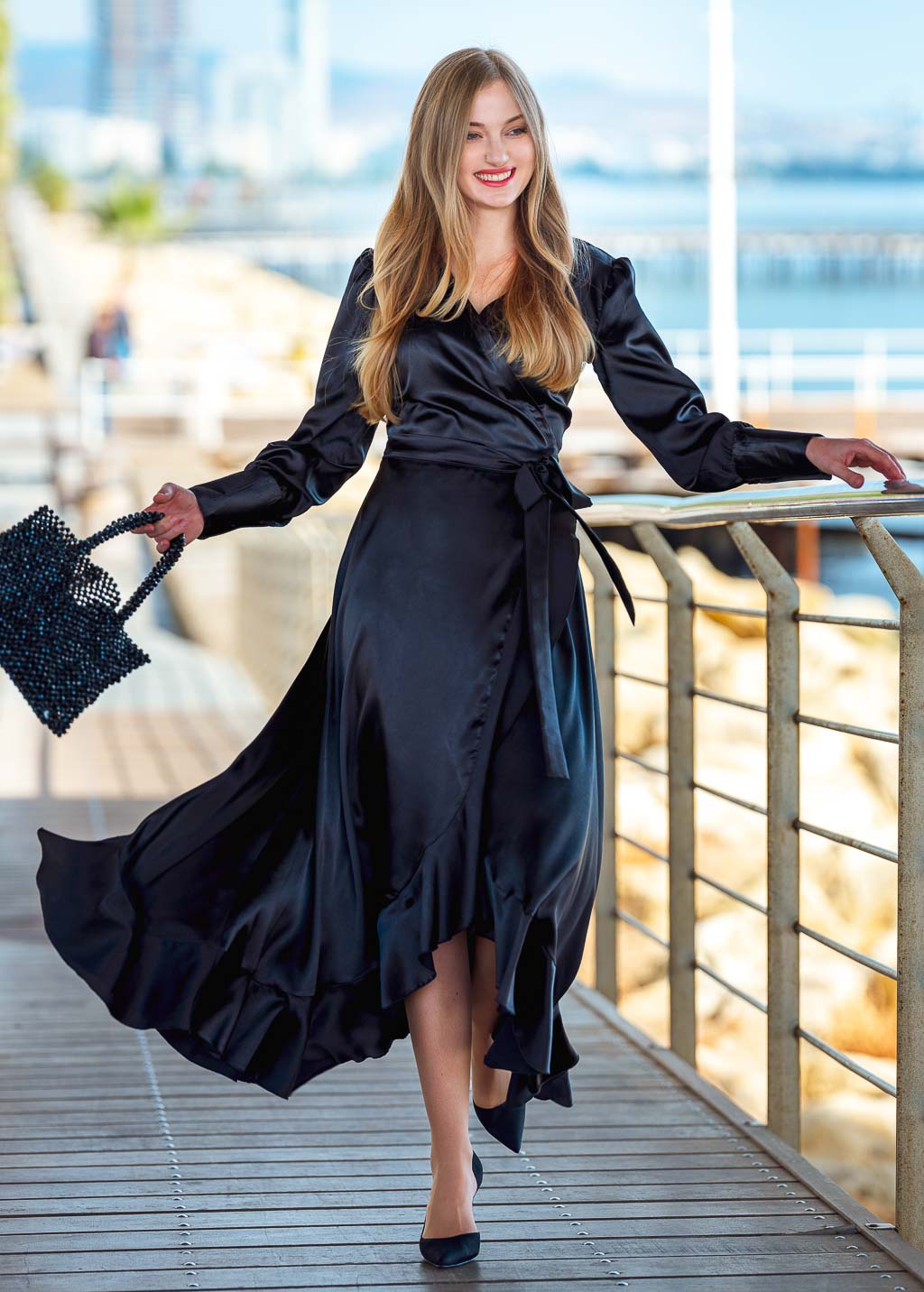 Black long wrap dress
