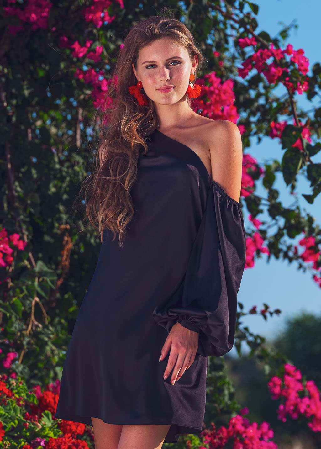 Black open shoulder silk dress with belt