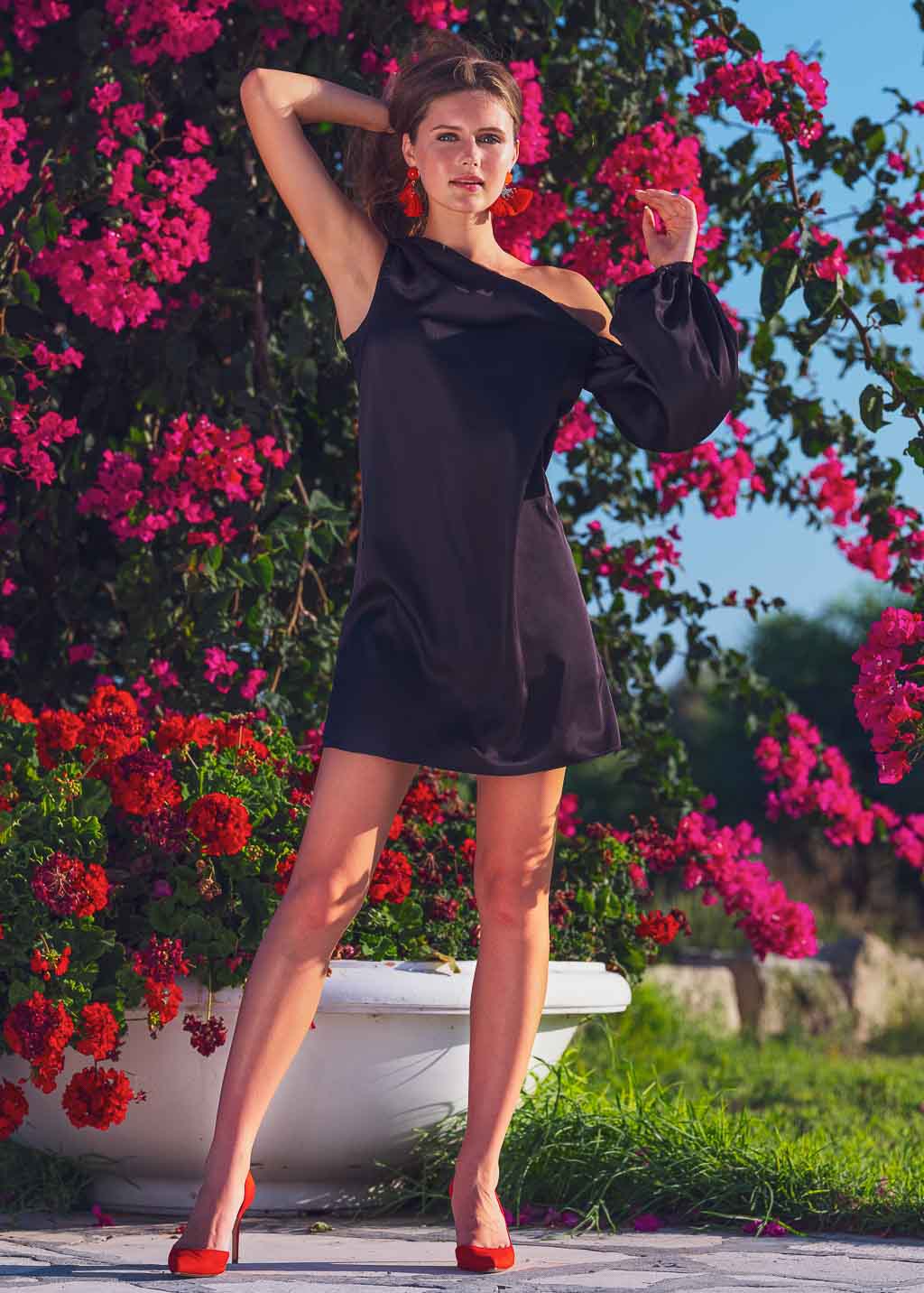 Black open shoulder silk dress with belt