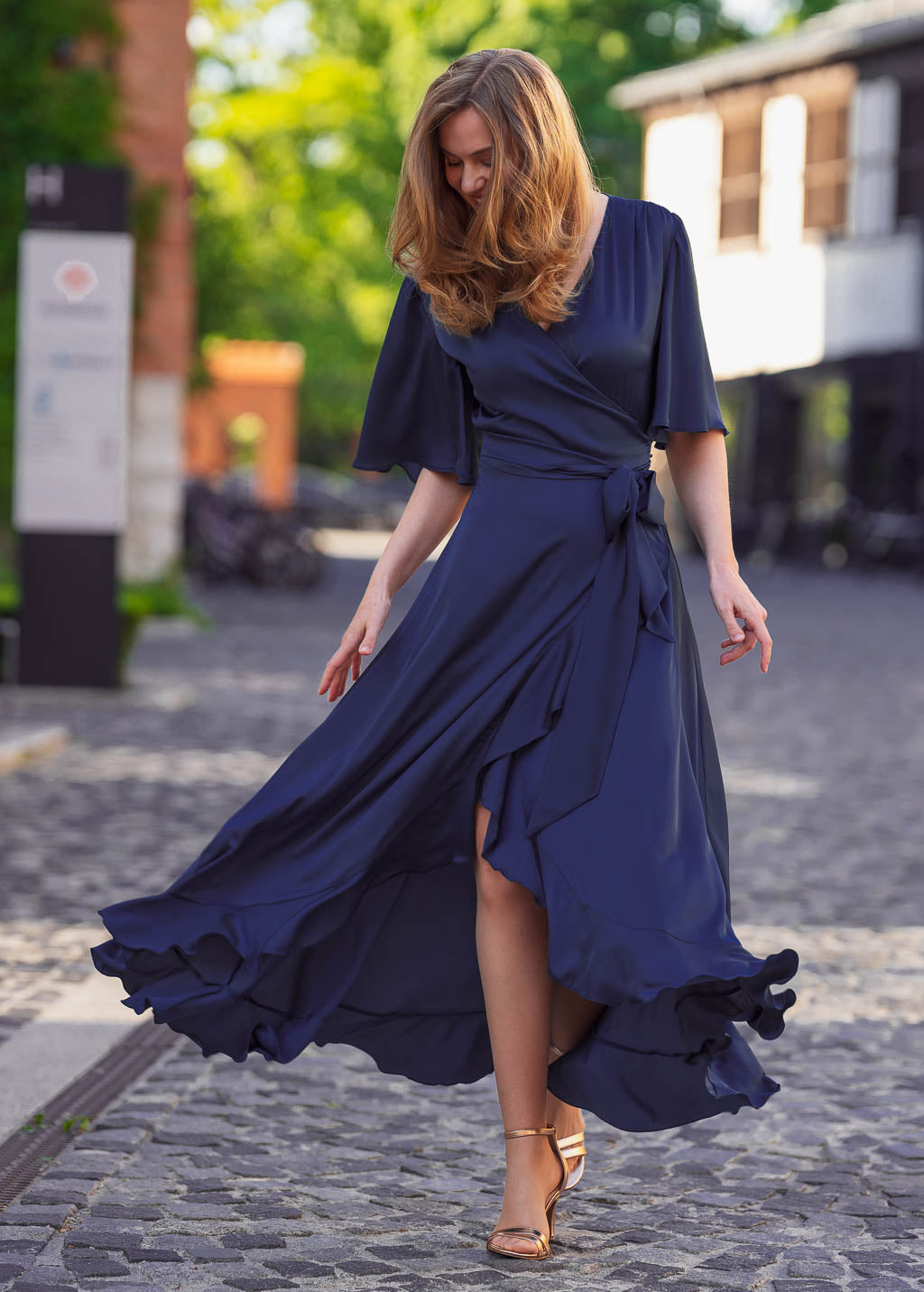 Navy blue wrap silk dress