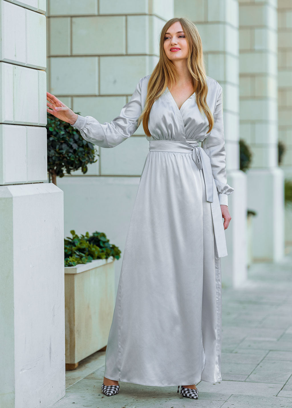 Silver grey long wrap dress