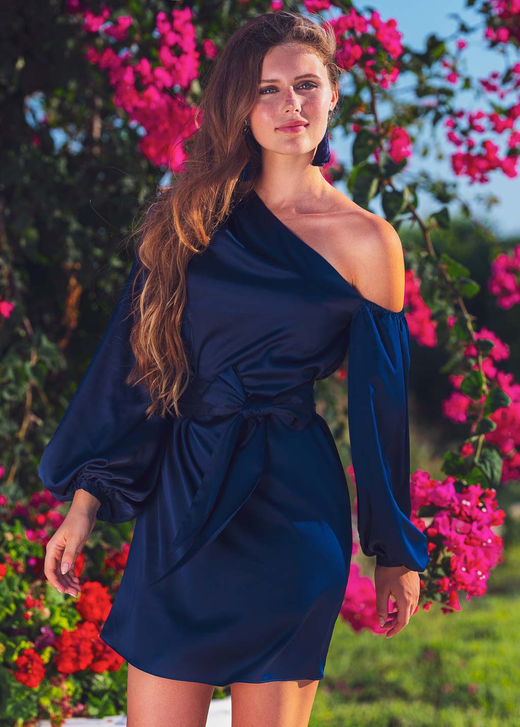 Navy blue open shoulder silk dress with belt