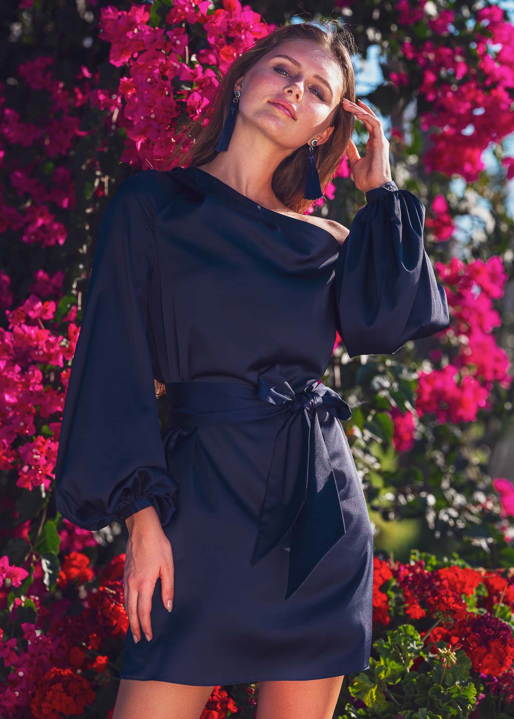 Navy blue open shoulder silk dress with belt