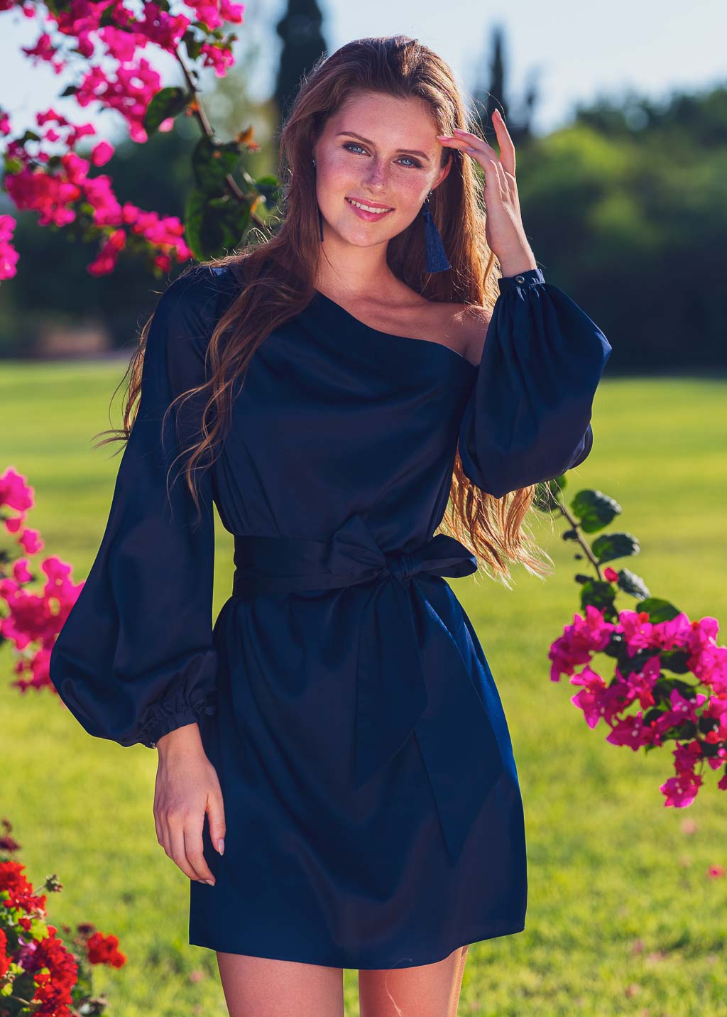 Navy blue open shoulder silk dress with belt