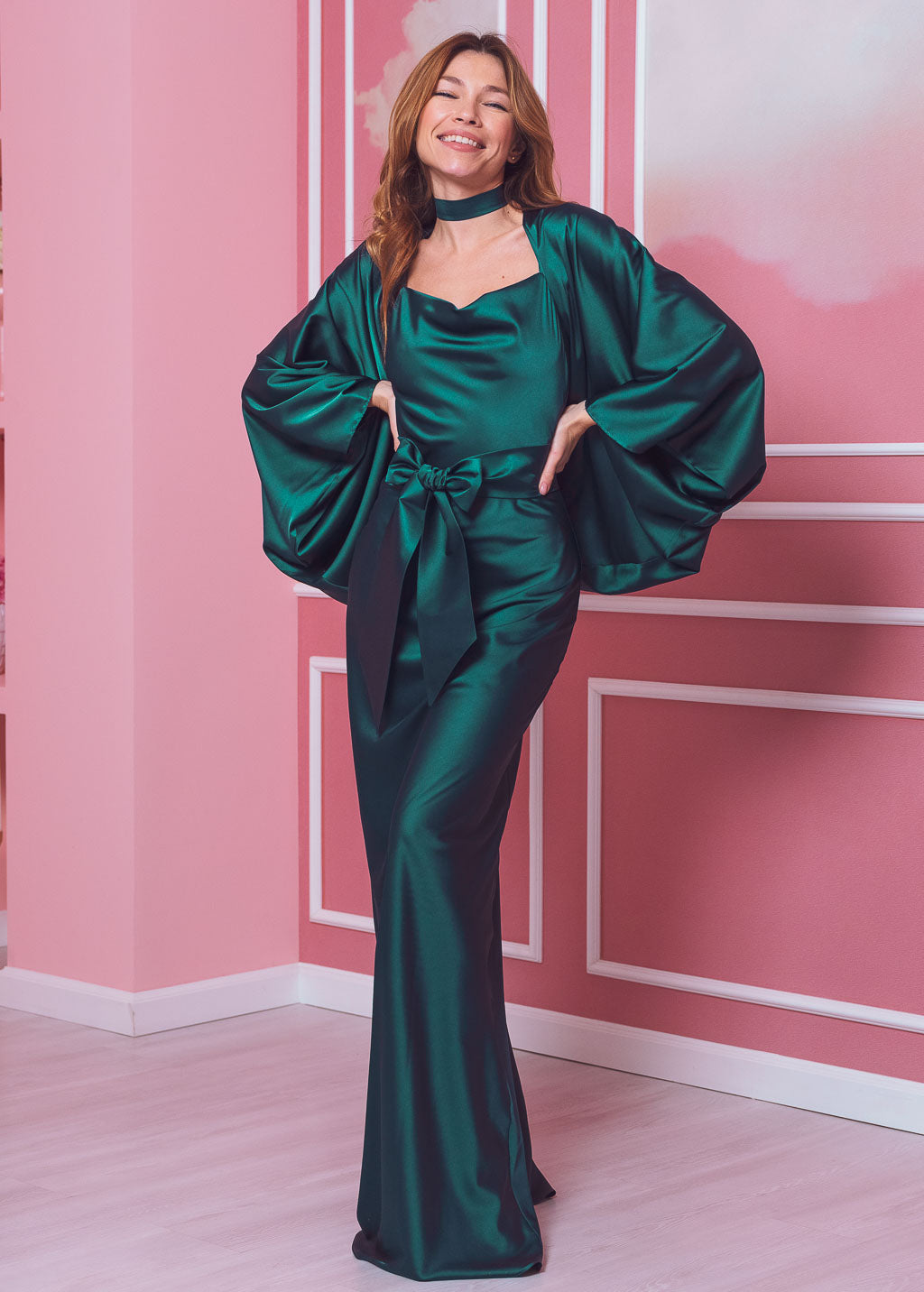 Dark green long slip silk dress