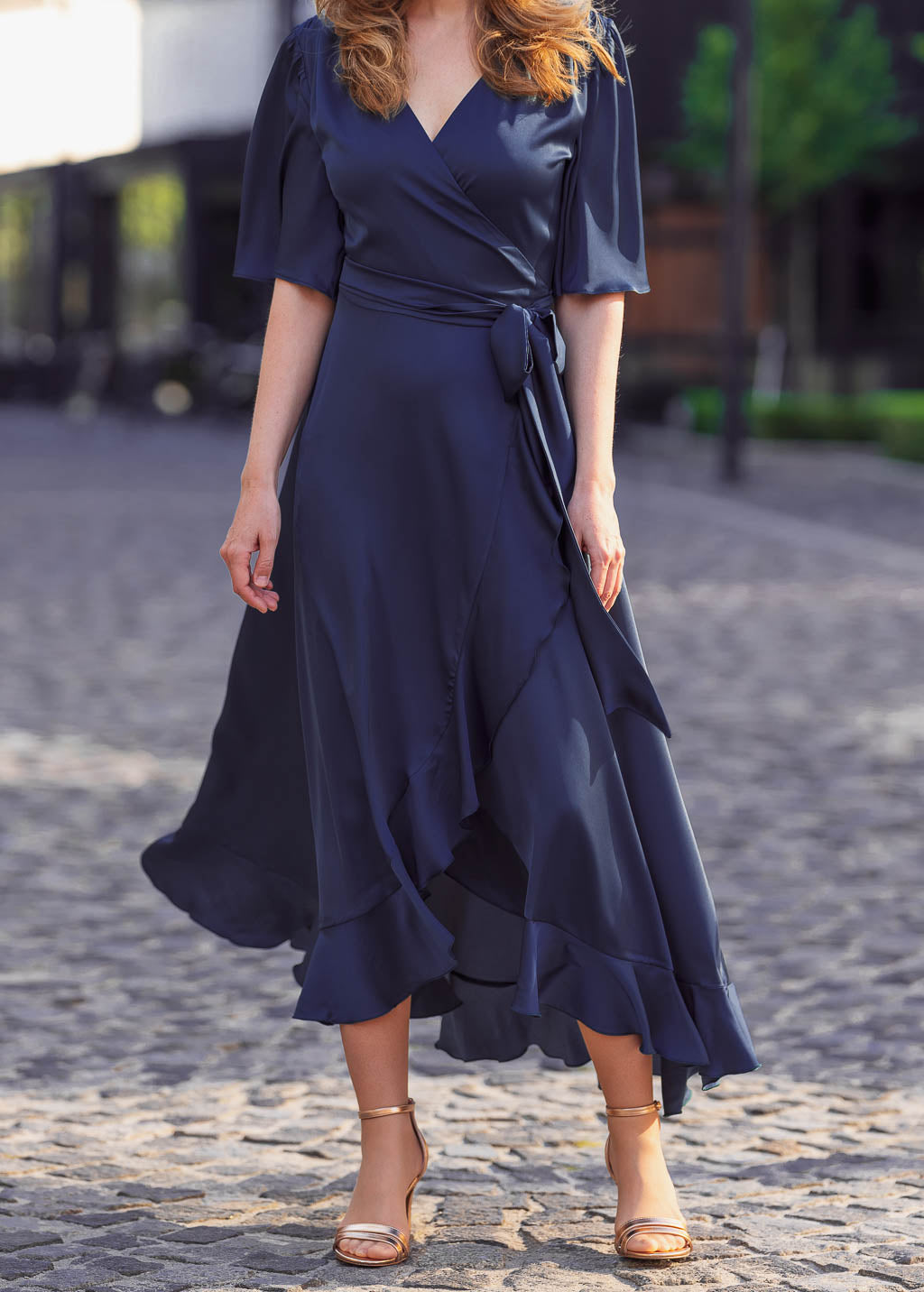 Navy blue wrap silk dress