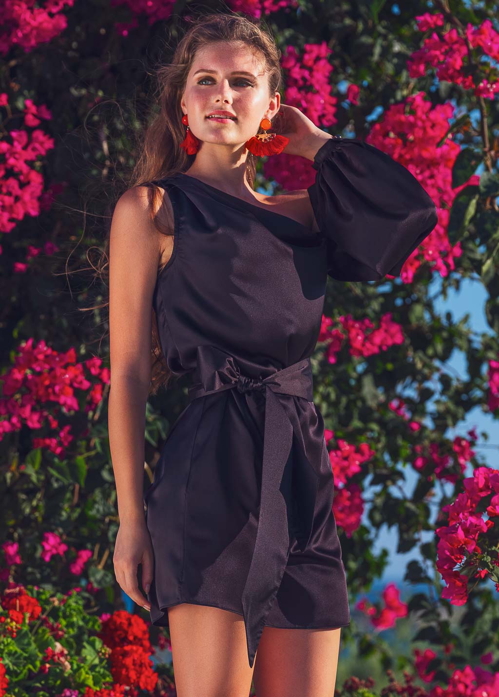 Black open shoulder silk dress with belt