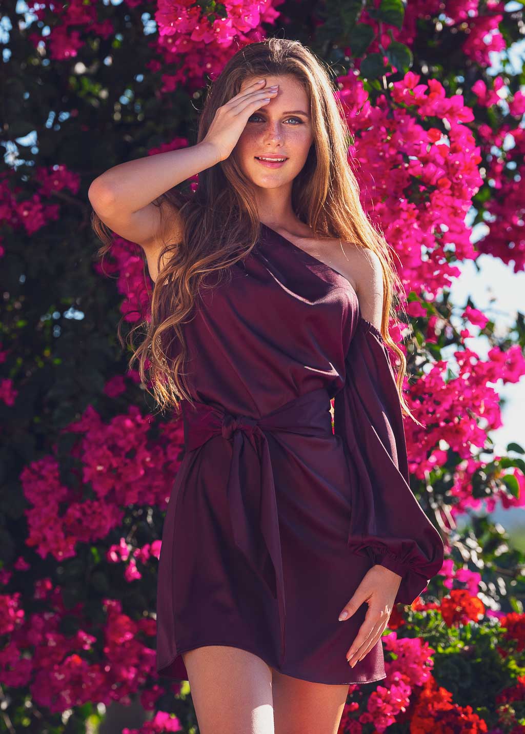 Dark burgundy open shoulder silk dress with belt