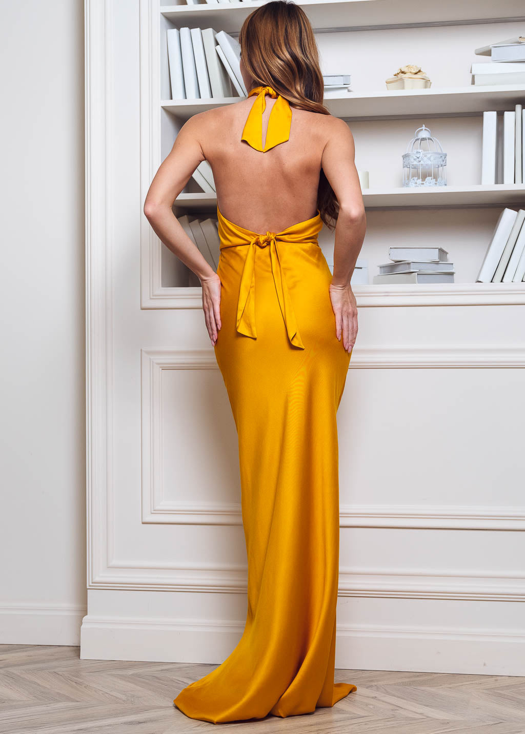 Yellow gold open back long dress