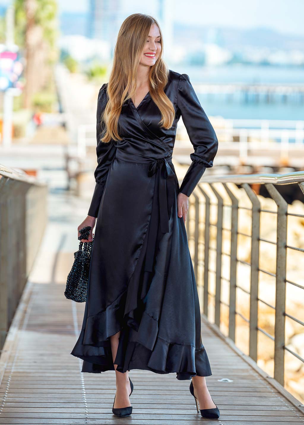 Black long wrap dress