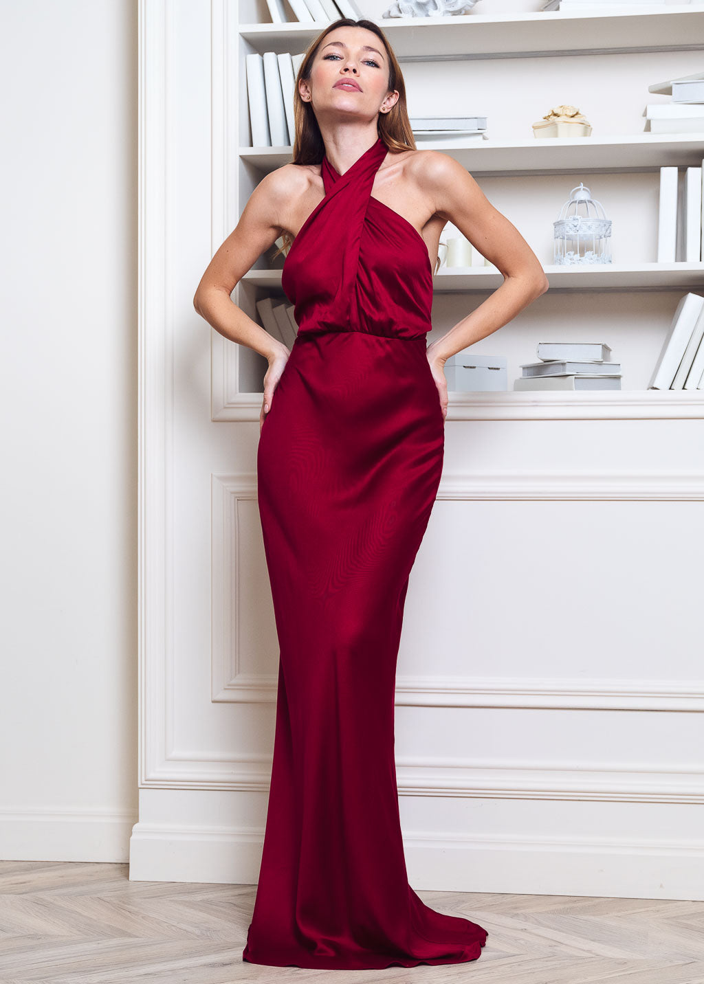 Burgundy open back long dress