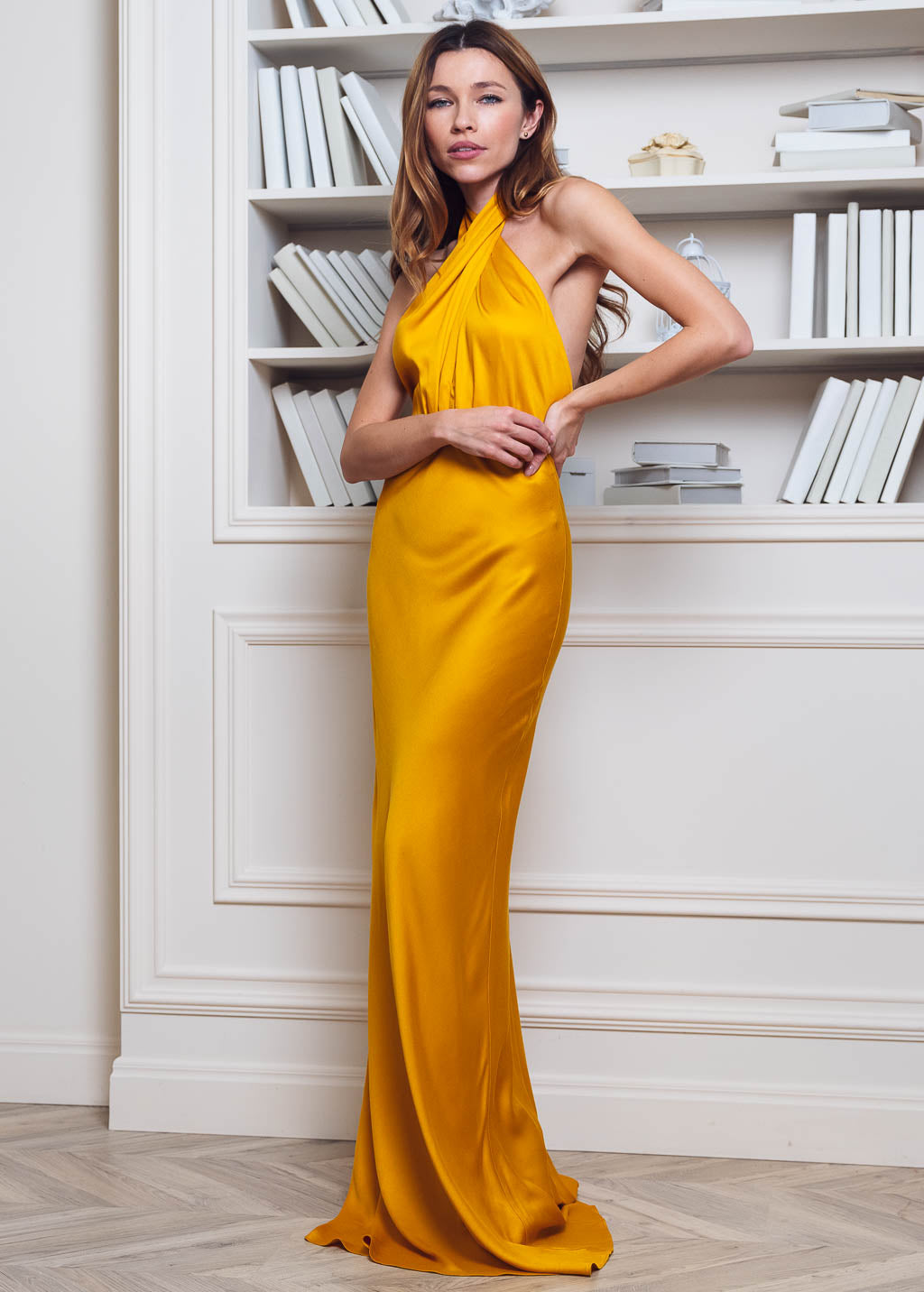Yellow gold open back long dress