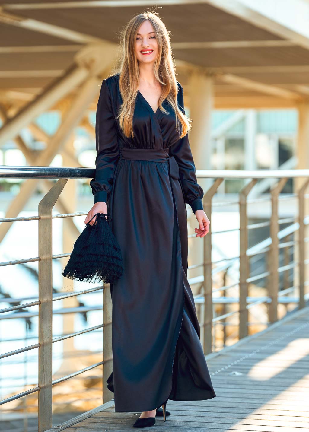 Black long wrap dress