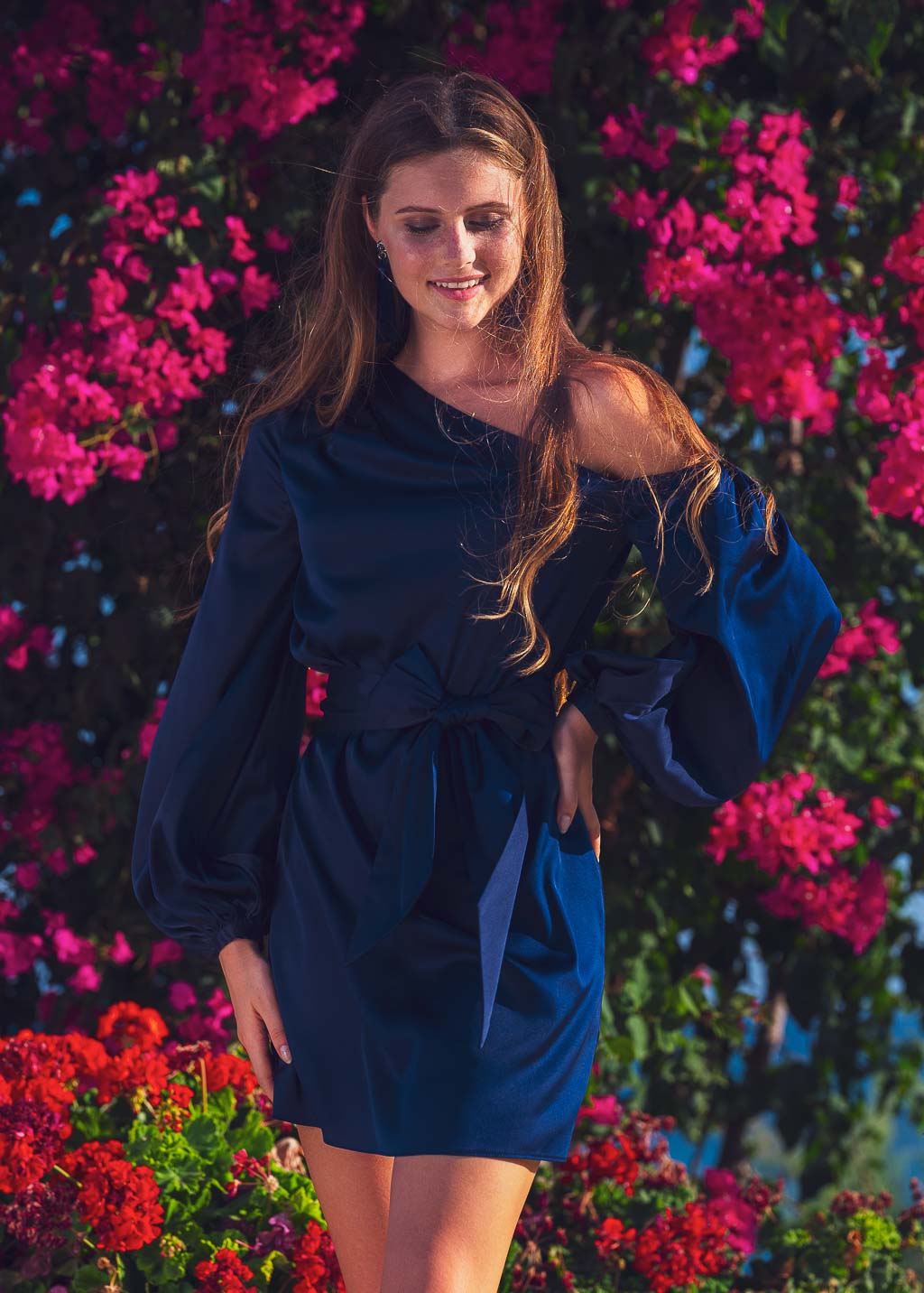 Navy blue open shoulder silk dress with belt