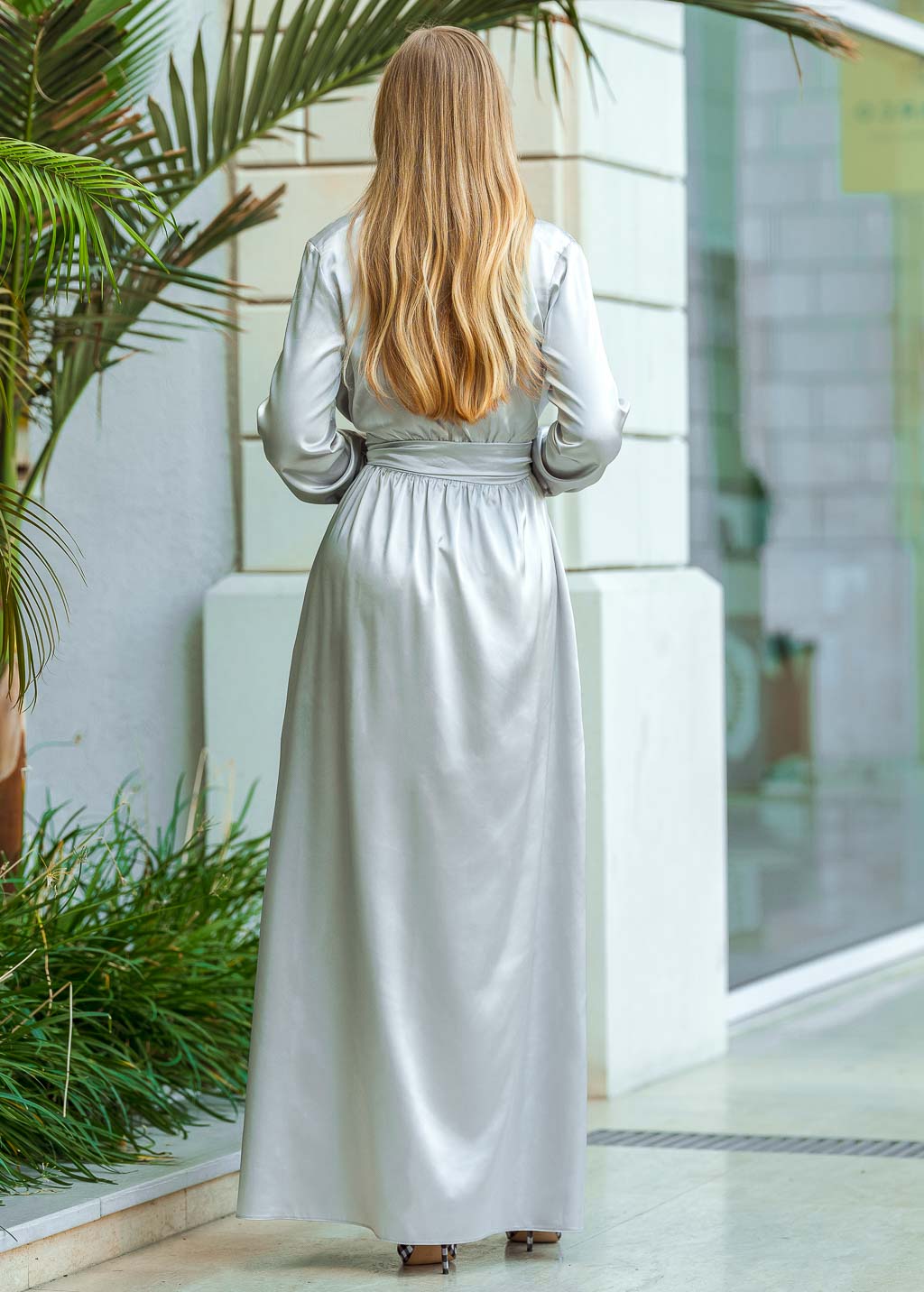Silver grey long wrap dress