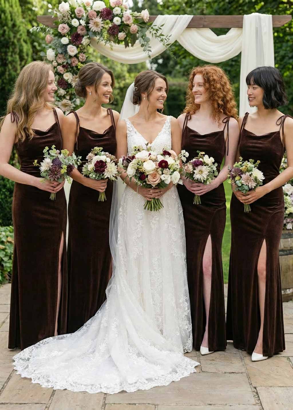 Robe longue moulante en velours marron chocolat avec fente