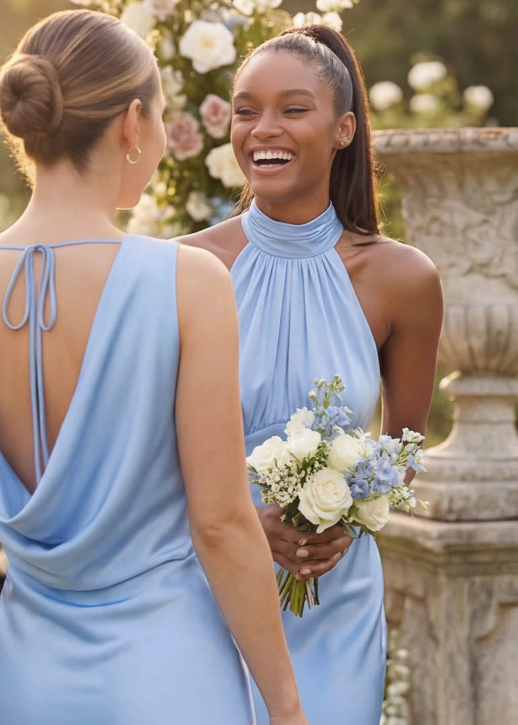 Sky blue silk halter bridesmaid dress