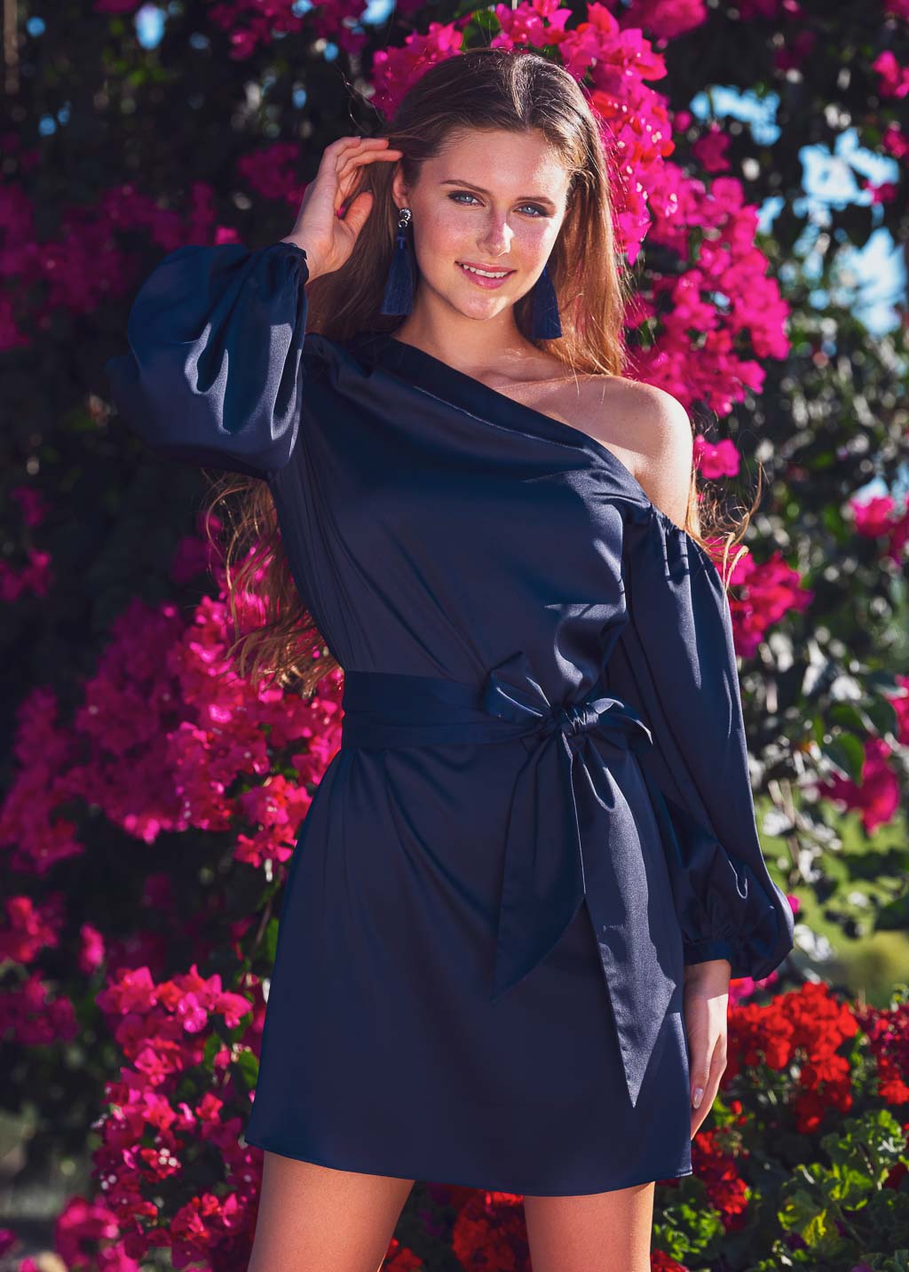Navy blue open shoulder silk dress with belt