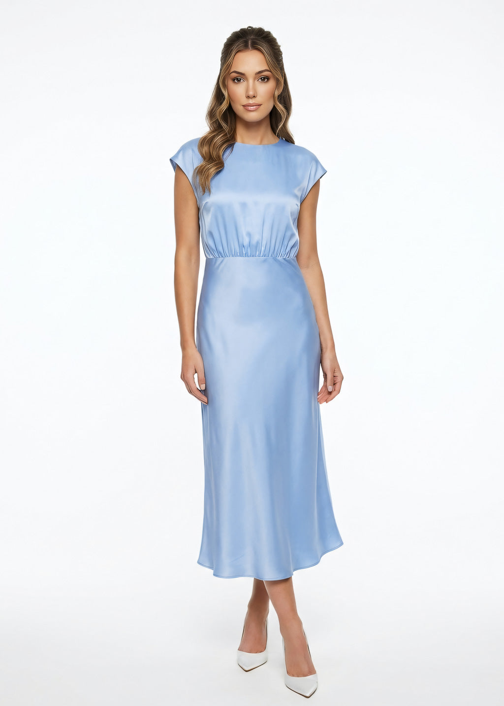 Sky blue midi silk slip dress