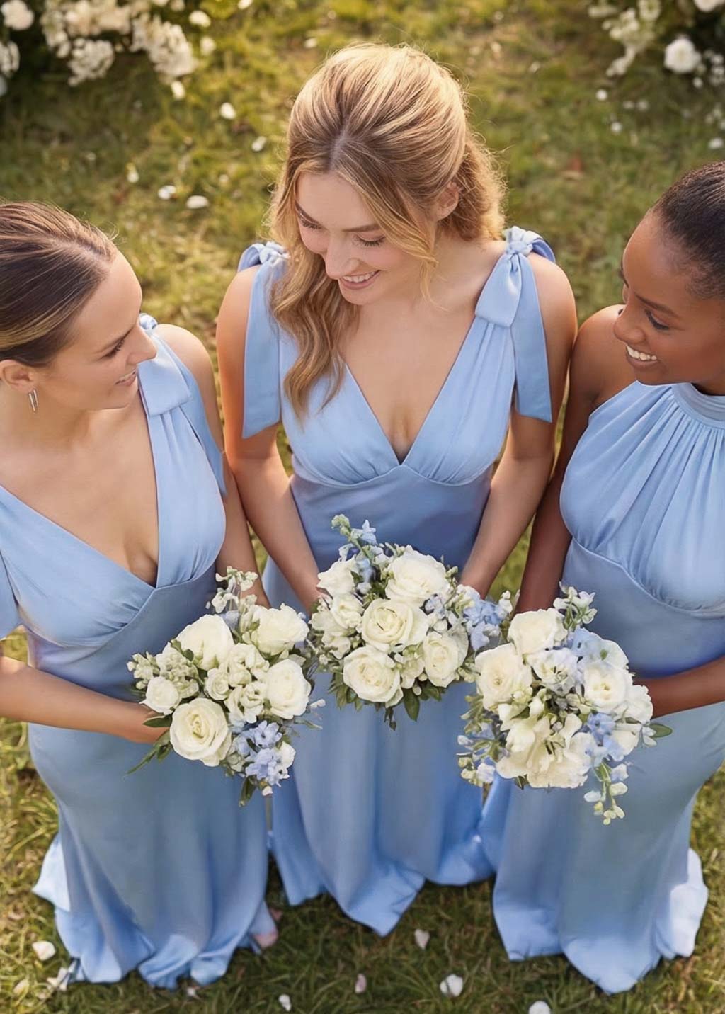 Sky blue silk bridesmaid dress with adjustable bow ties