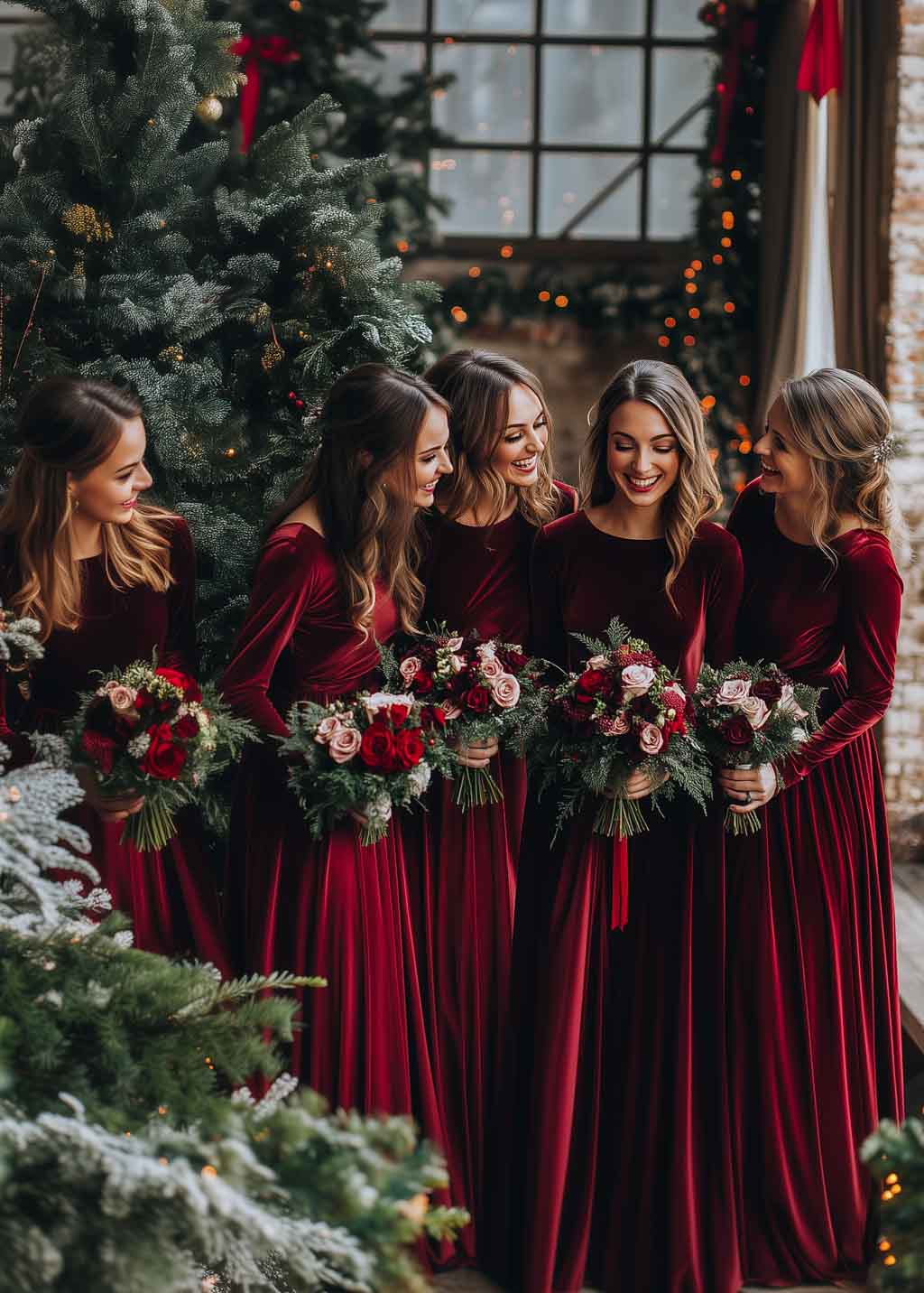 Burgundy velvet long bridesmaid dress