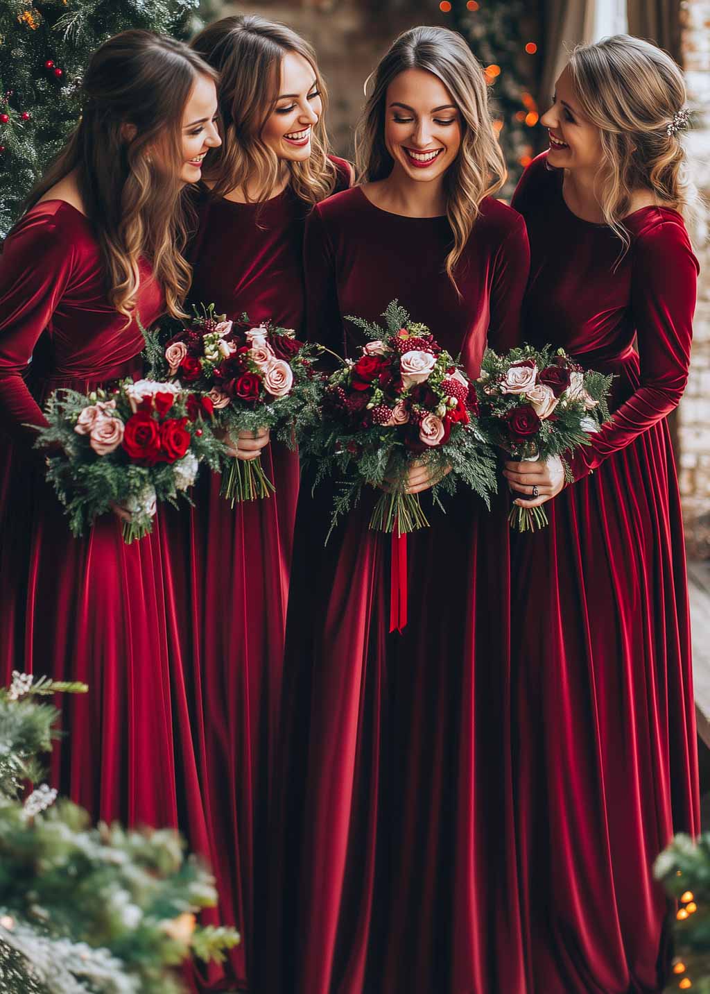 Burgundy velvet long bridesmaid dress