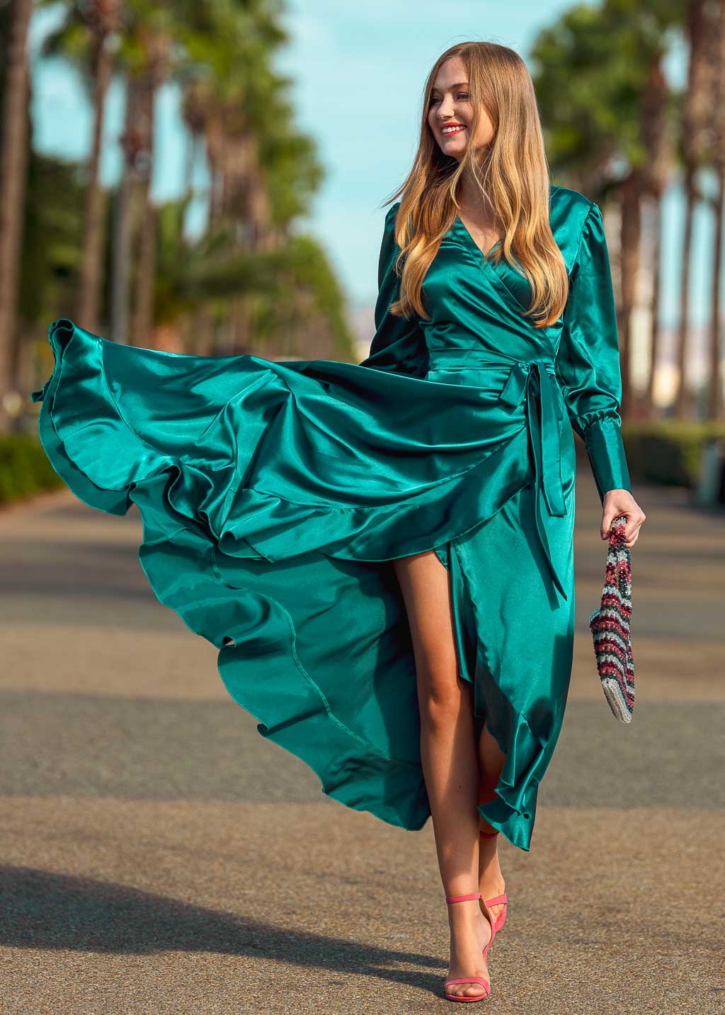 Robe portefeuille longue vert émeraude