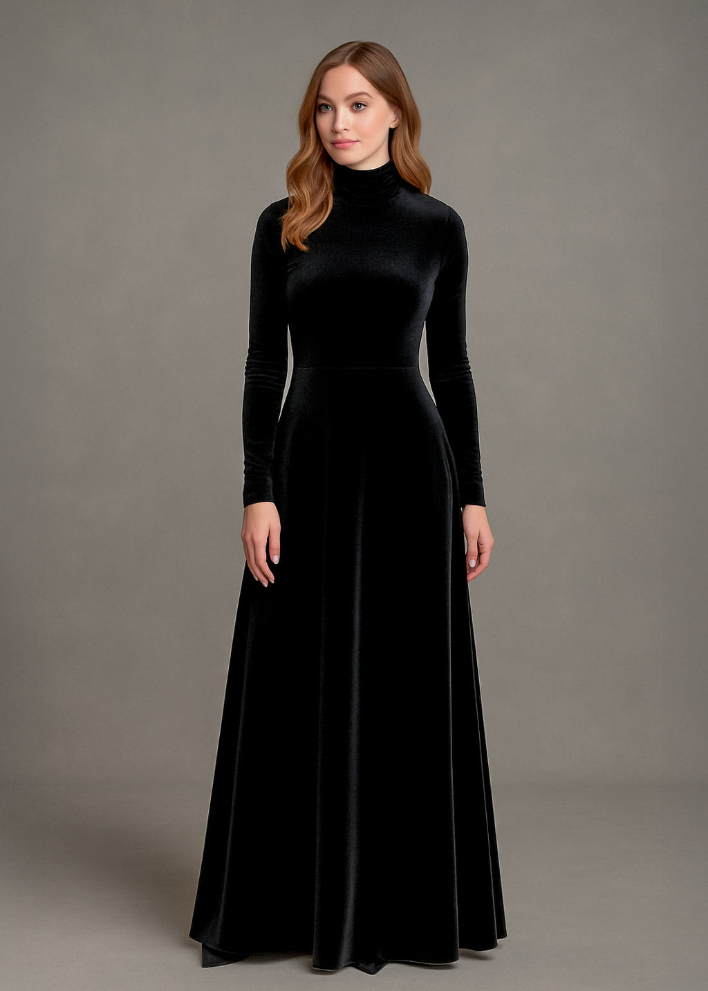 Long sleeve floor-length velvet black gown
