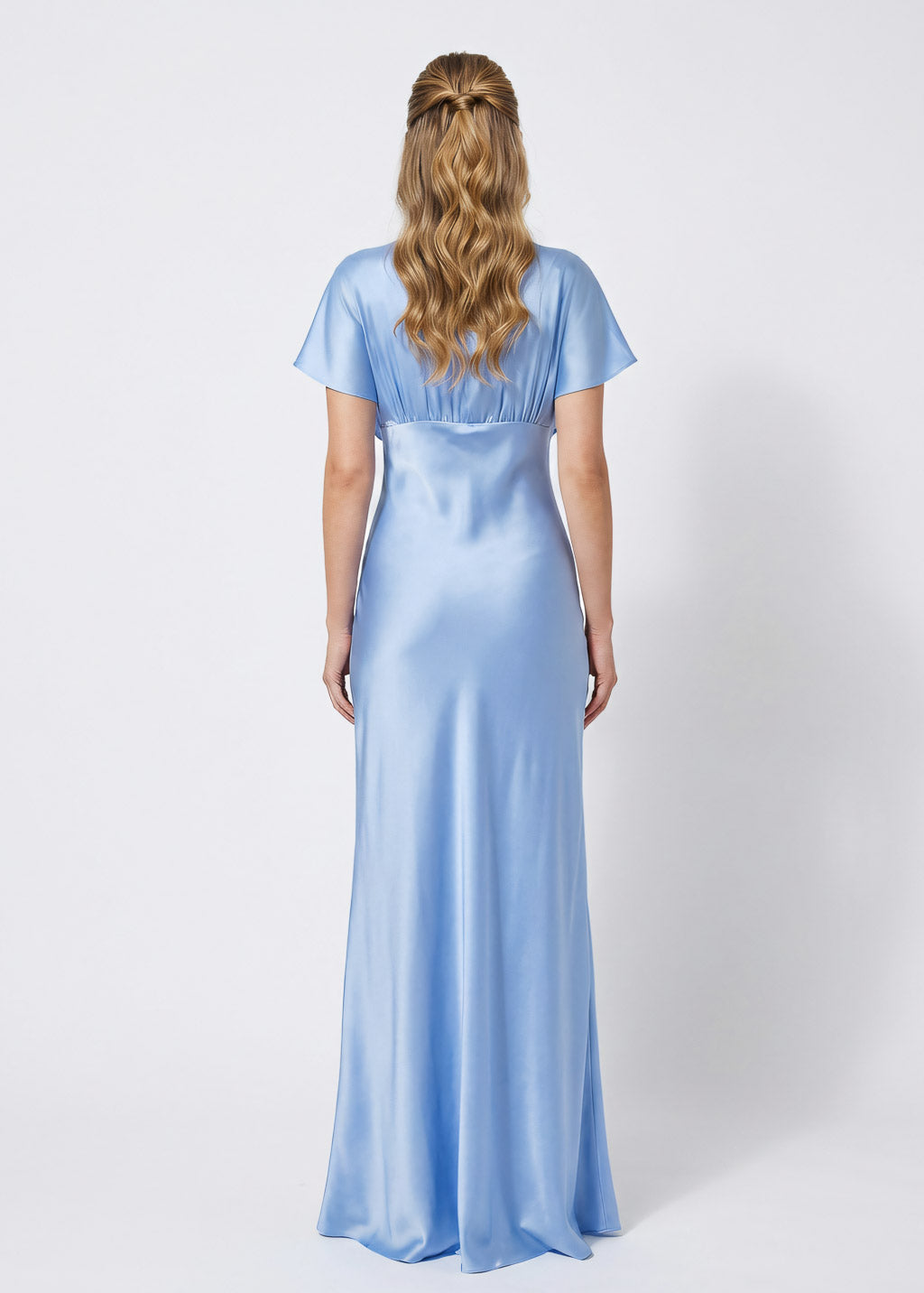 Sky blue silk gown with flutter sleeves