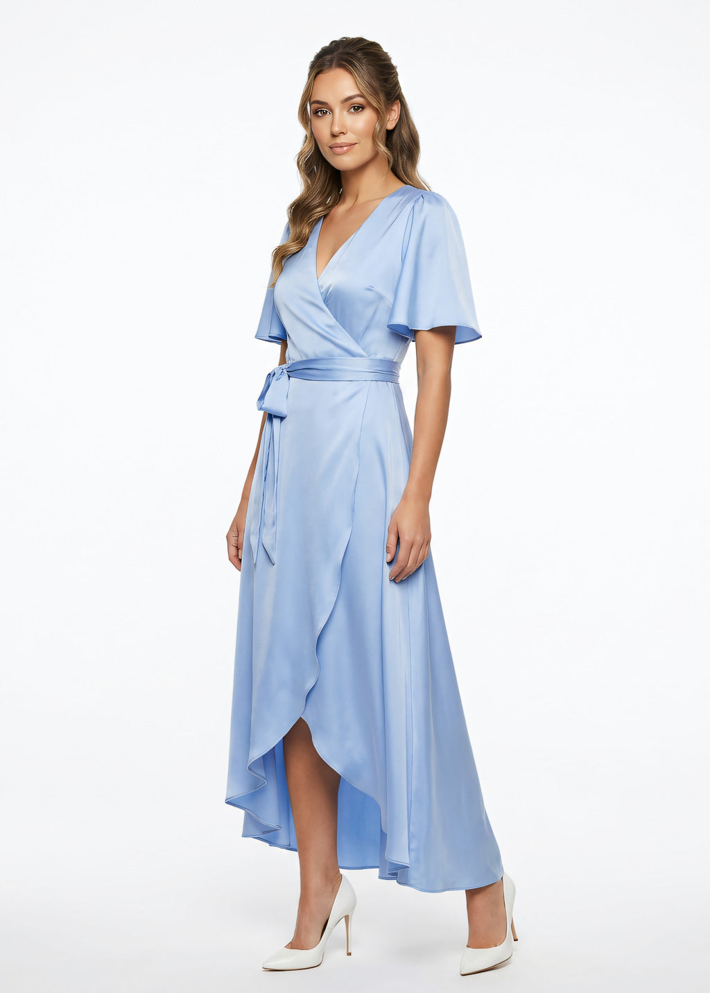 Sky blue romantic silk wrap dress