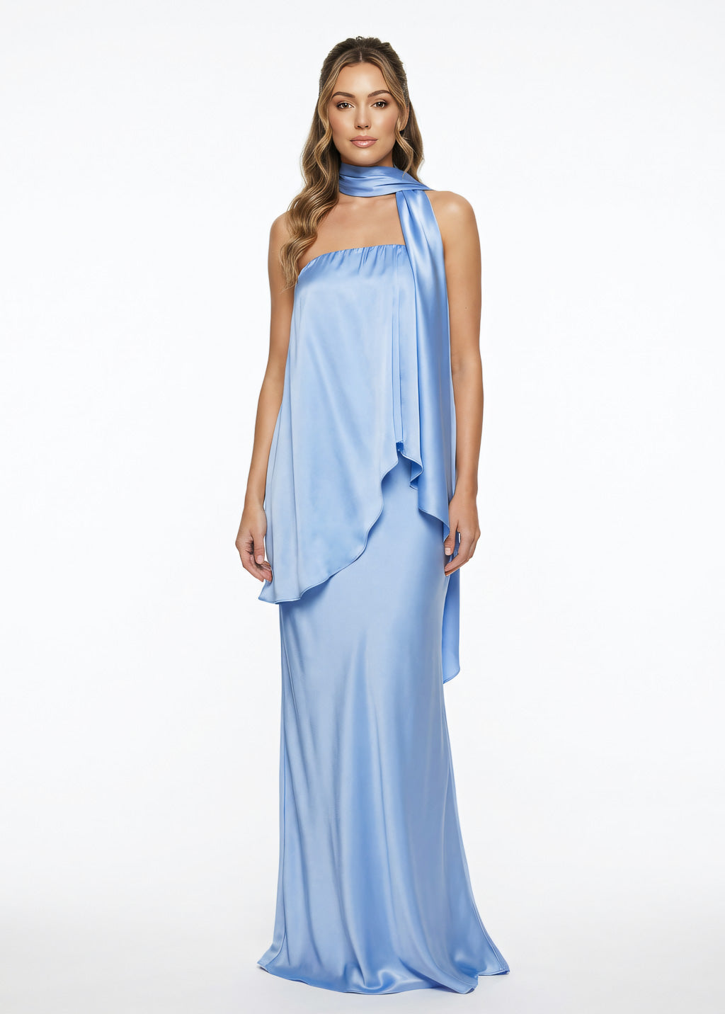 Sky Blue Silk Strapless Bridesmaid Dress with Scarf