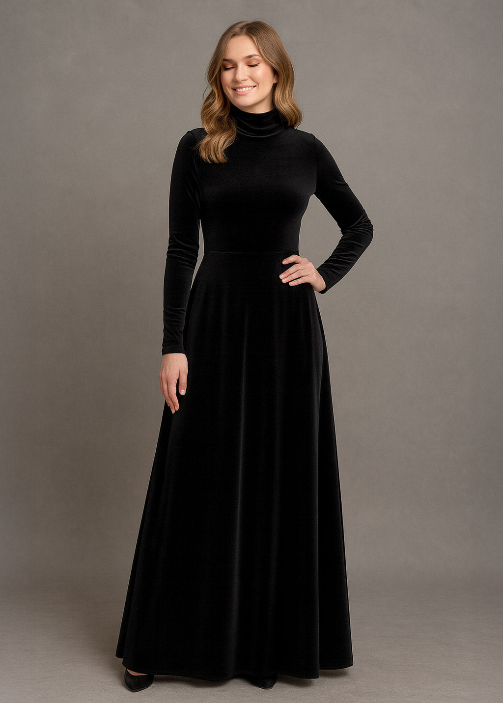 Long sleeve floor-length velvet black gown