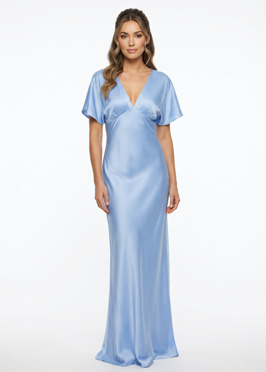 Sky blue silk gown with flutter sleeves