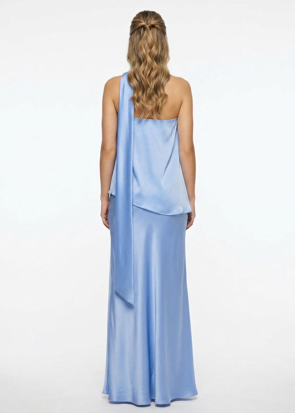 Sky Blue Silk Strapless Bridesmaid Dress with Scarf
