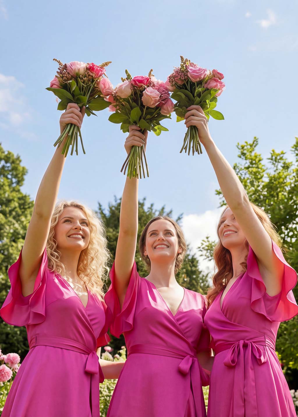 Hot Pink Silk Wrap Bridesmaid Dresses