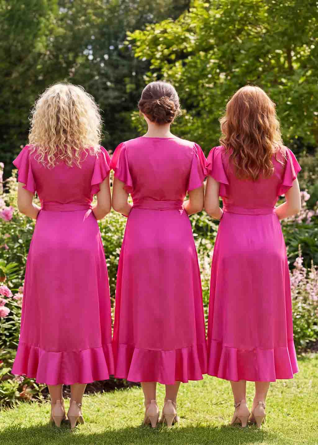 Hot Pink Silk Wrap Bridesmaid Dresses