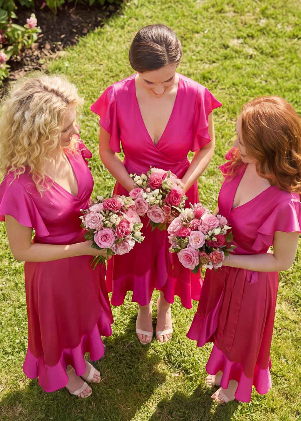 Hot Pink Silk Wrap Bridesmaid Dresses