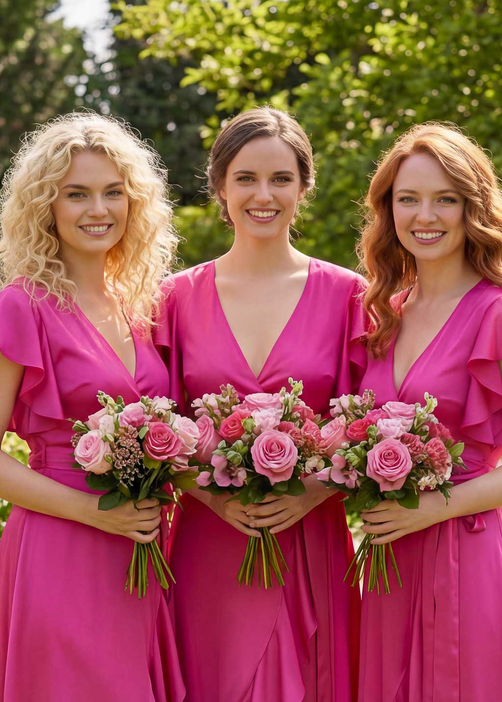 Hot Pink Silk Wrap Bridesmaid Dresses