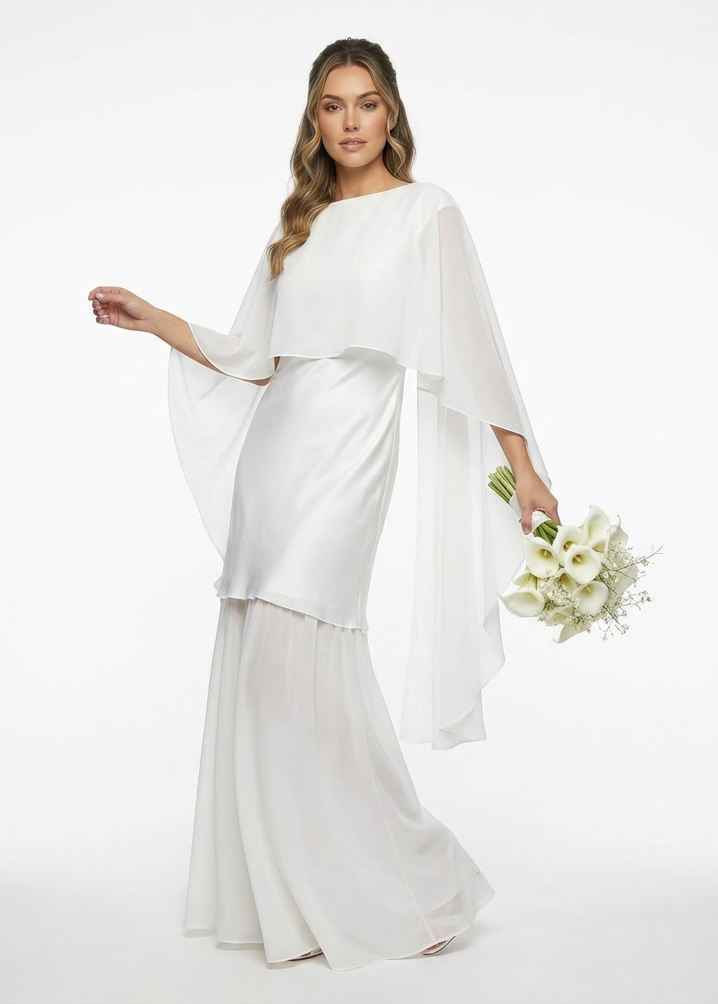 Minimalist Wedding Dress with Chiffon Cape