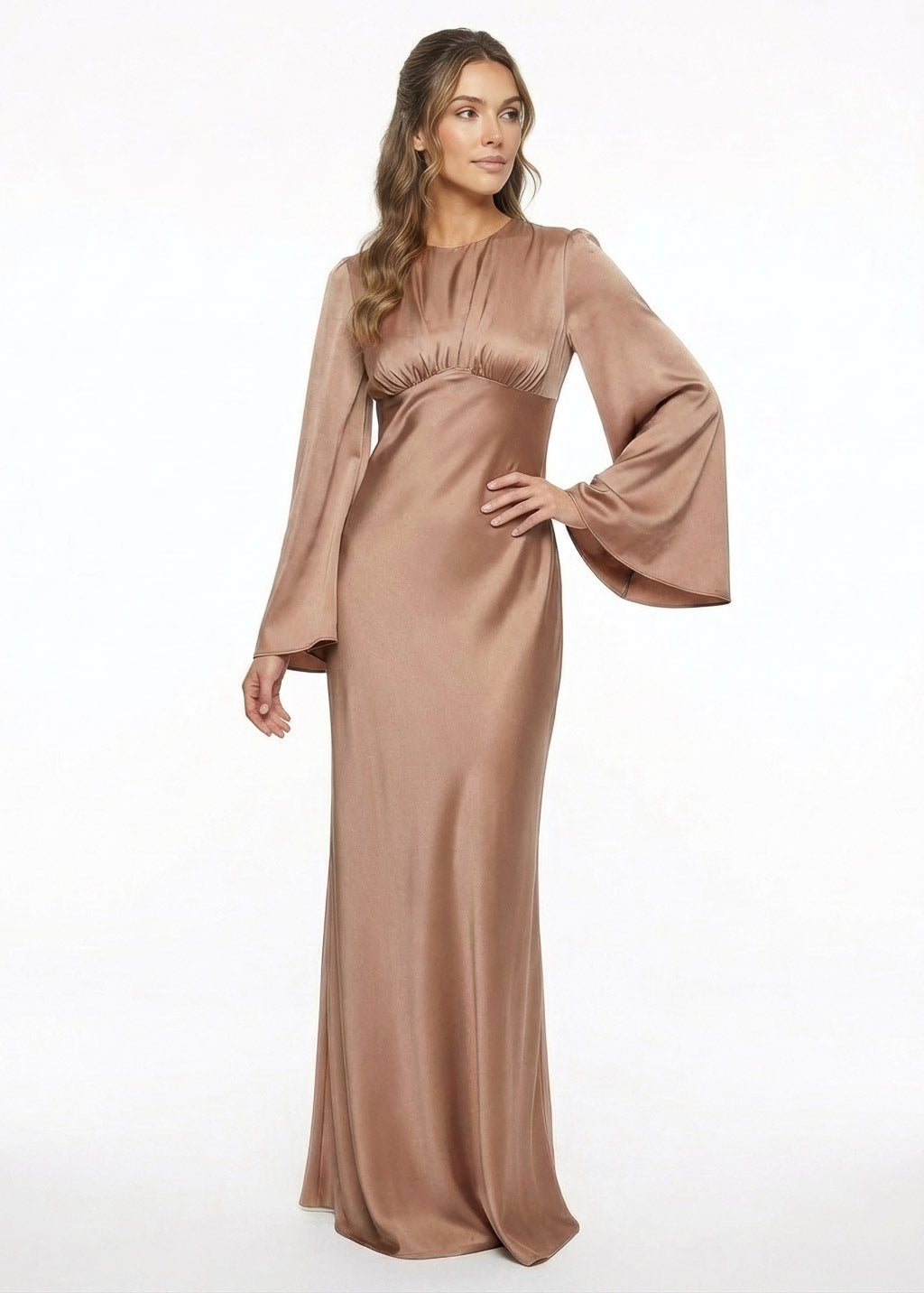 Cappuccino Silk Dress with Long Sleeves