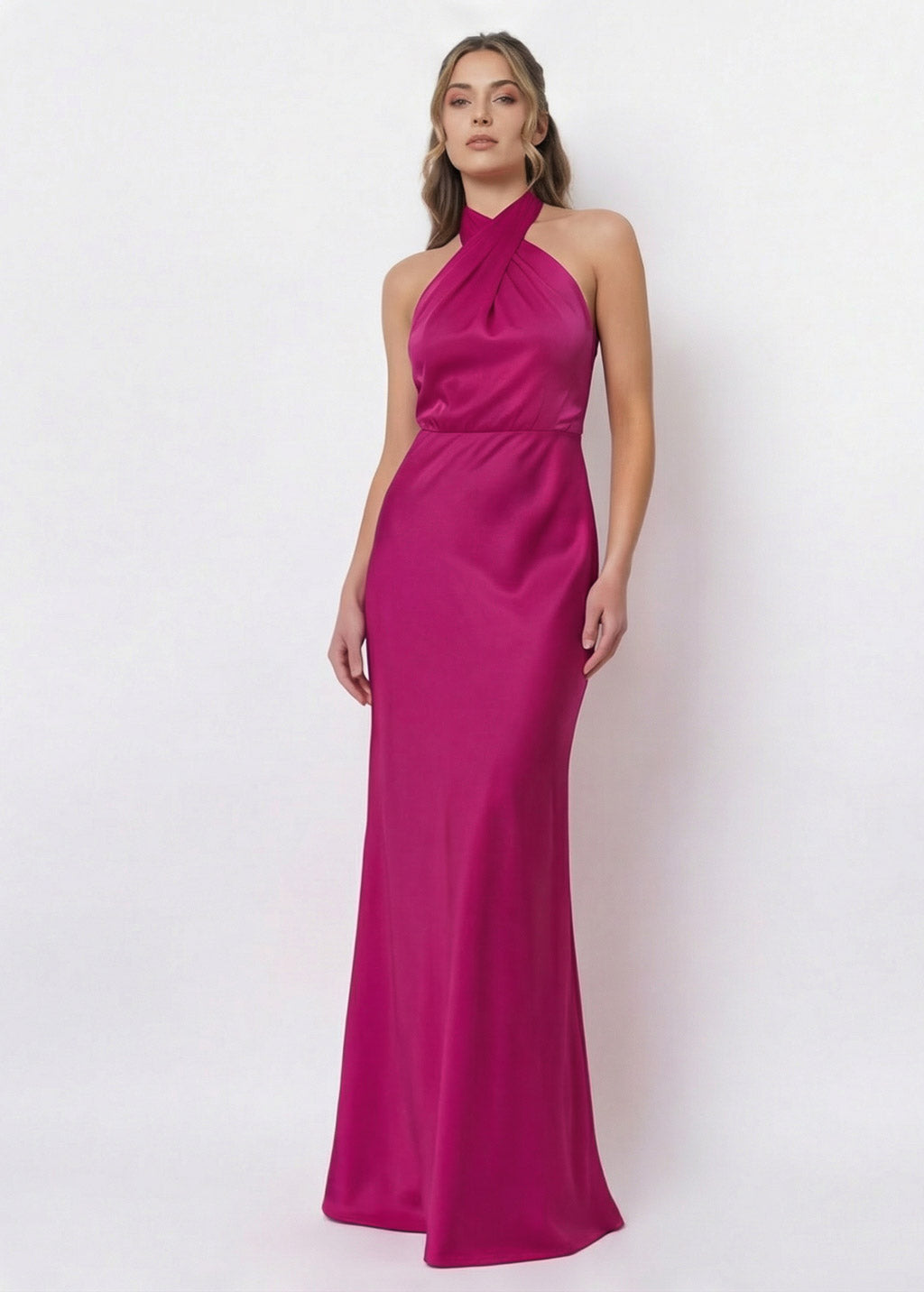 Fuchsia Silk Halter Bridesmaids Dress