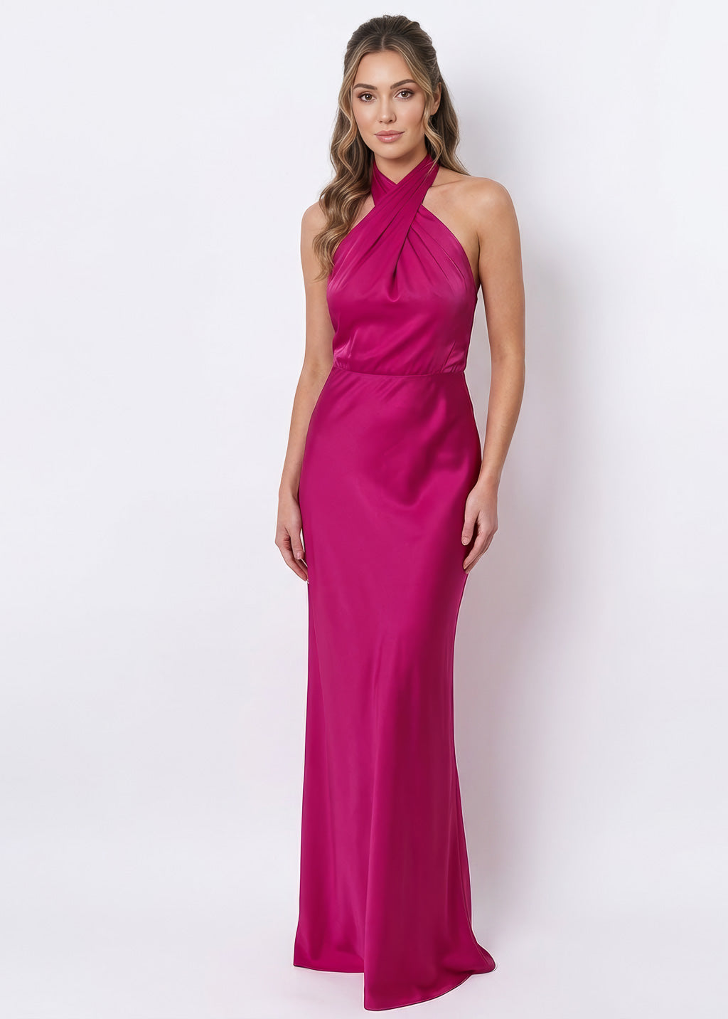 Fuchsia Silk Halter Bridesmaids Dress