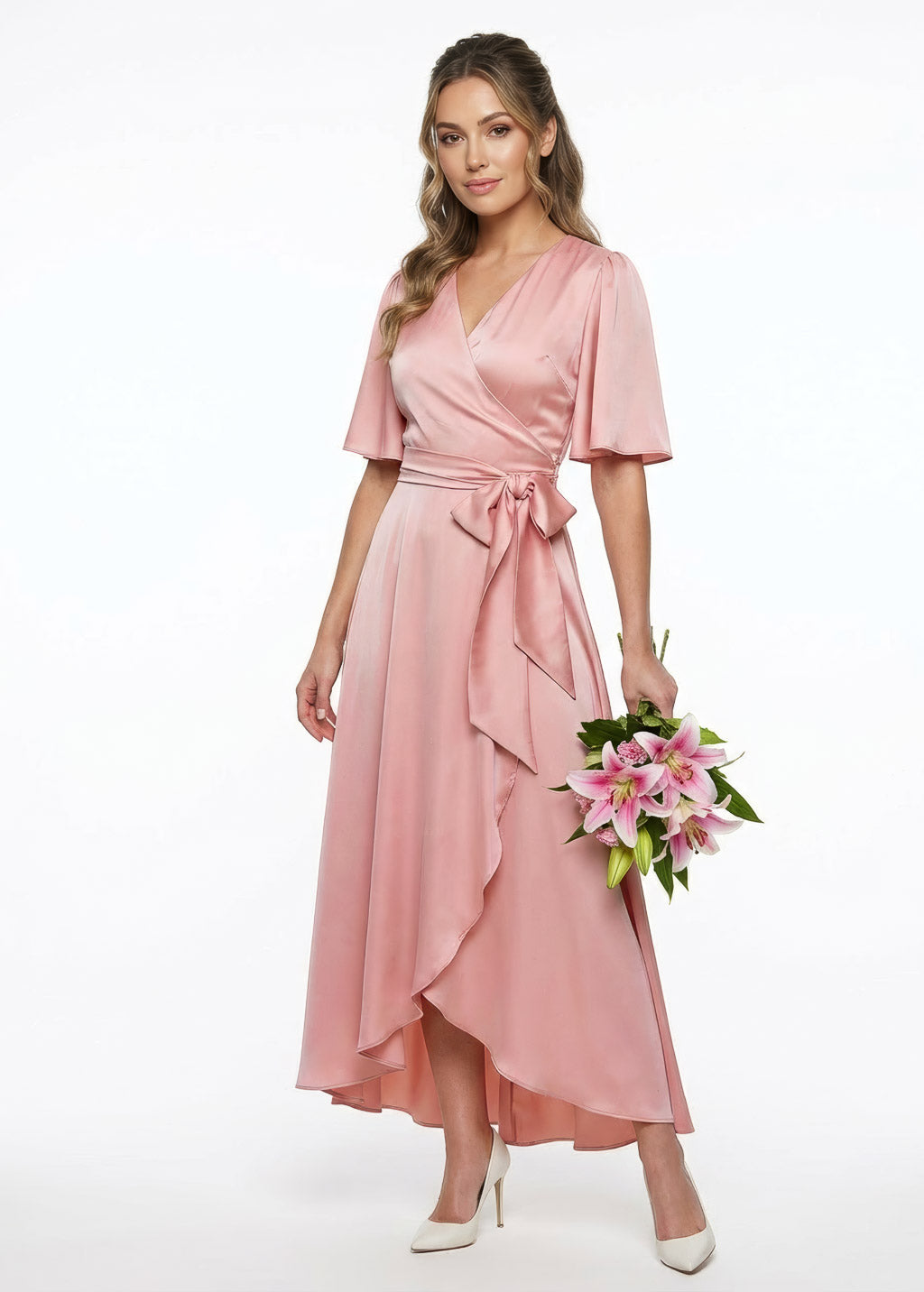 Blush pink silk long wrap dress